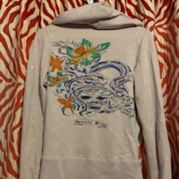 Full zip Hoodie with Flowers intertwined with Dragon by Haute Rag, Size Medium - Picture 5 of 5
